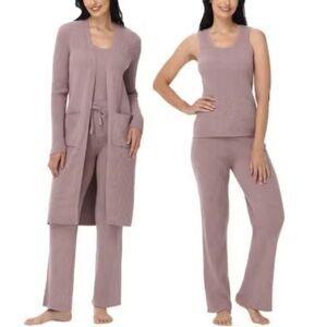 525 Three Piece Lounge Set in Cozy Ribbed Knit Brown Tank Duster & Pants size L